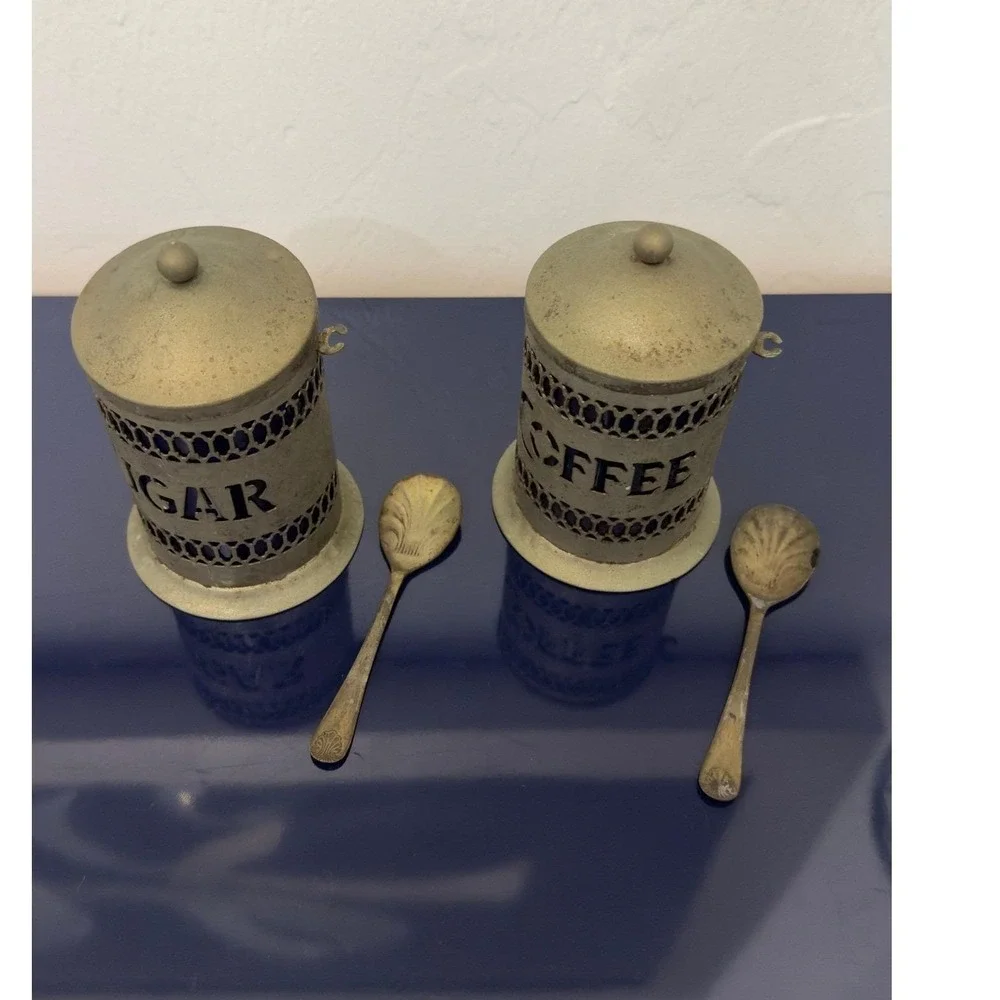 Vintage Savile Row Cobalt‎ Blue Glass Coffee Sugar Canister Set with Spoons